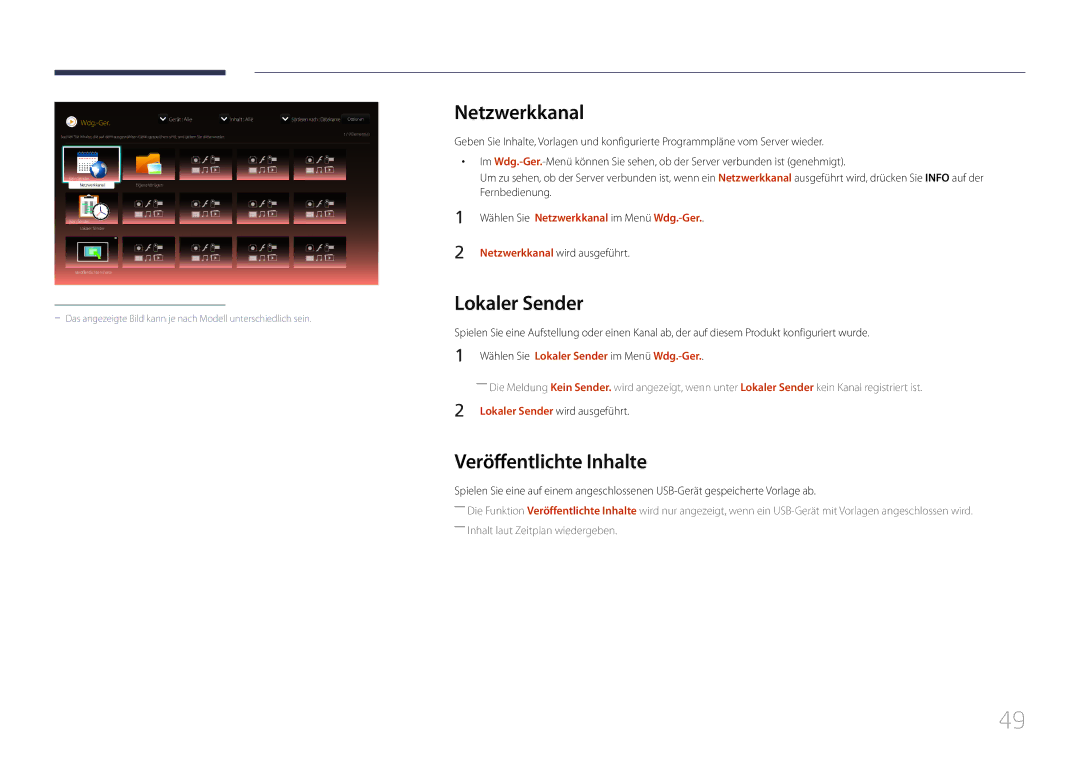 Samsung LH10DBDPLBC/EN manual Netzwerkkanal, Veröffentlichte Inhalte, Wählen Sie Lokaler Sender im Menü Wdg.-Ger 