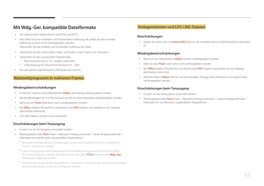 Samsung LH10DBDPLBC/EN manual Mit Wdg.-Ger. kompatible Dateiformate, Netzwerkprogramm in mehreren Frames 