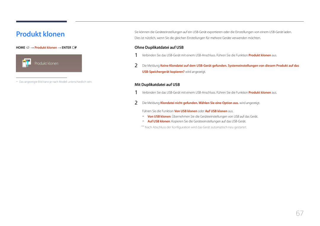 Samsung LH10DBDPLBC/EN manual Home → Produkt klonen → Enter E, USB-Speichergerät kopieren? wird angezeigt 