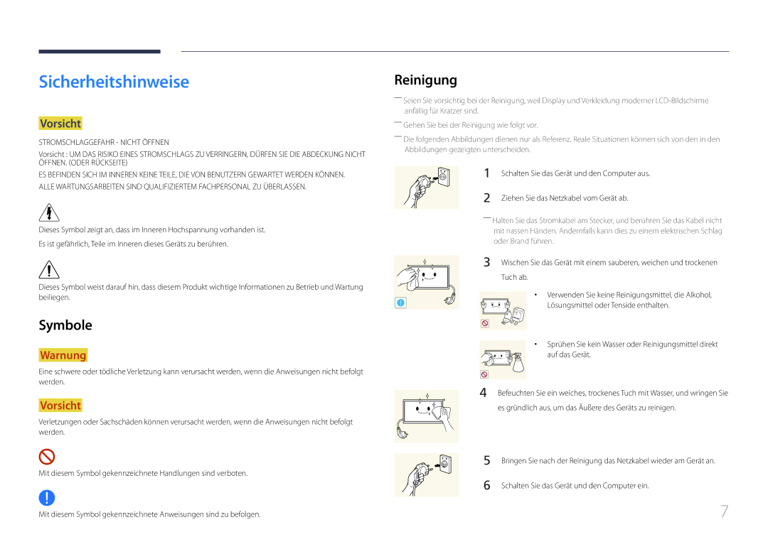 Samsung LH10DBDPLBC/EN manual Sicherheitshinweise, Reinigung, Symbole, Vorsicht 