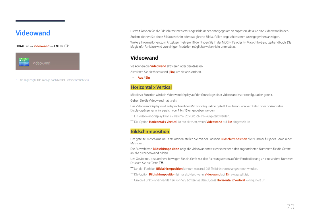 Samsung LH10DBDPLBC/EN manual Videowand, Horizontal x Vertical, Bildschirmposition 