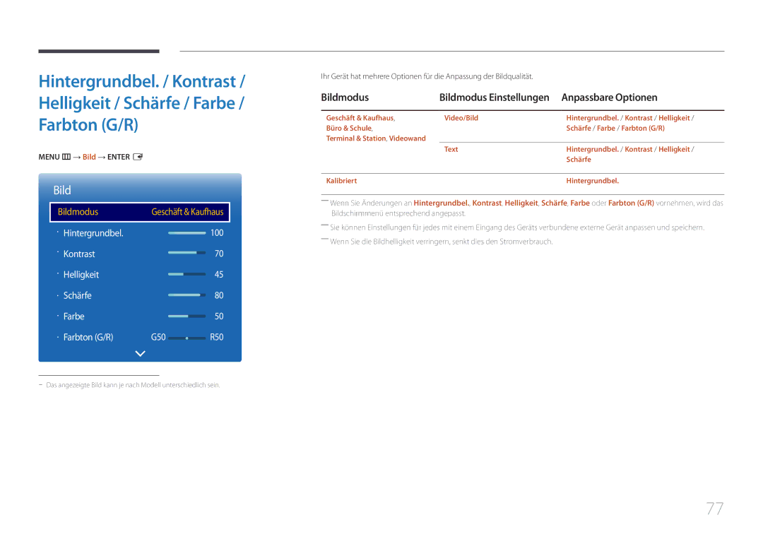 Samsung LH10DBDPLBC/EN manual Bildmodus, Anpassbare Optionen, Menu m → Bild → Enter E 