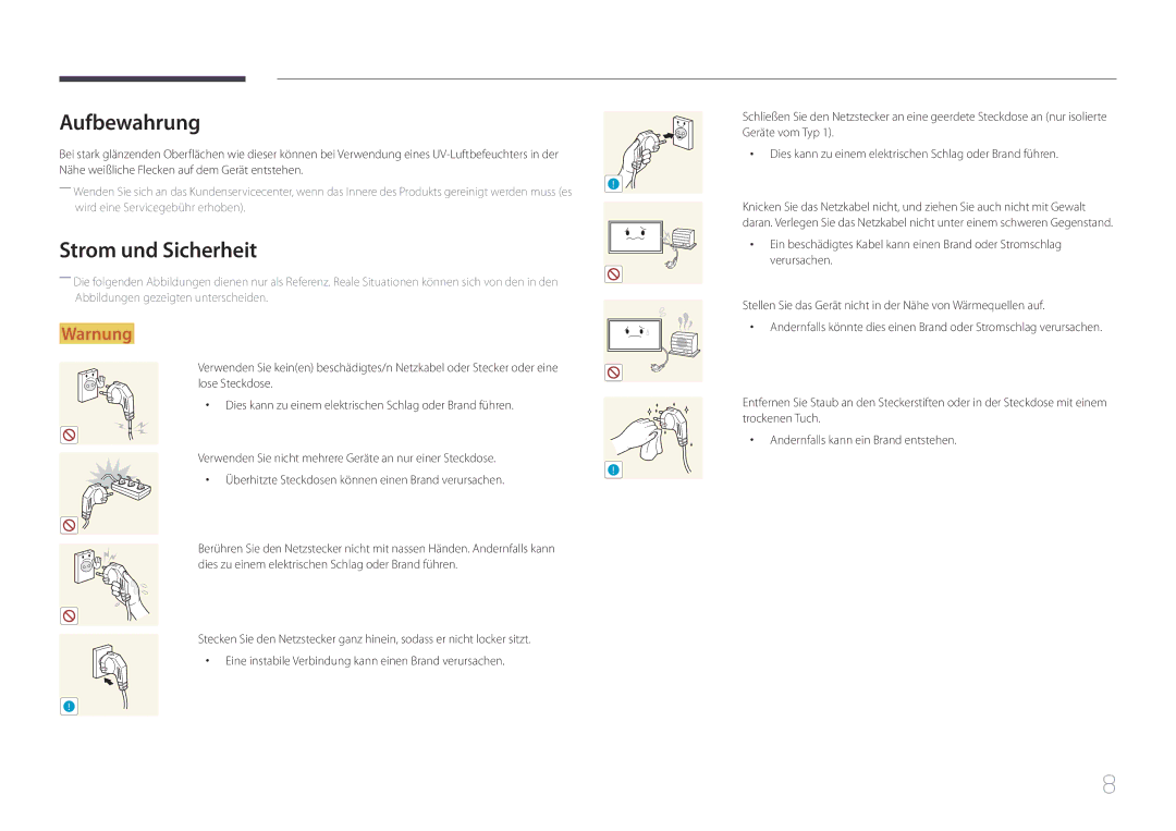 Samsung LH10DBDPLBC/EN manual Aufbewahrung, Strom und Sicherheit 