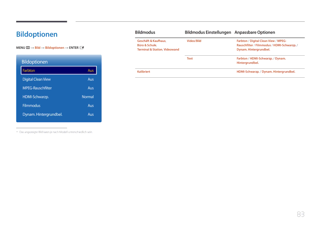 Samsung LH10DBDPLBC/EN manual Bildoptionen, Digital Clean View Aus MPEG-Rauschfilter HDMI-Schwarzp 