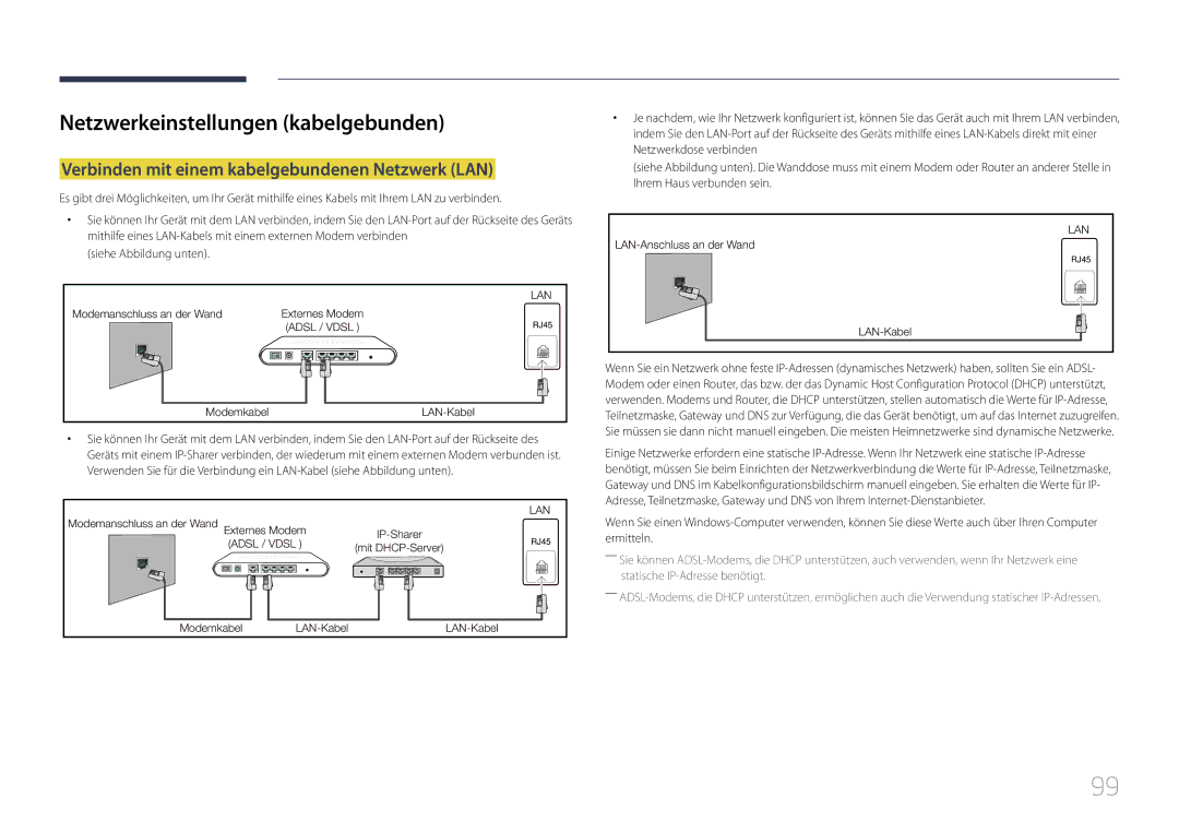 Samsung LH10DBDPLBC/EN manual Netzwerkeinstellungen kabelgebunden, Verbinden mit einem kabelgebundenen Netzwerk LAN 