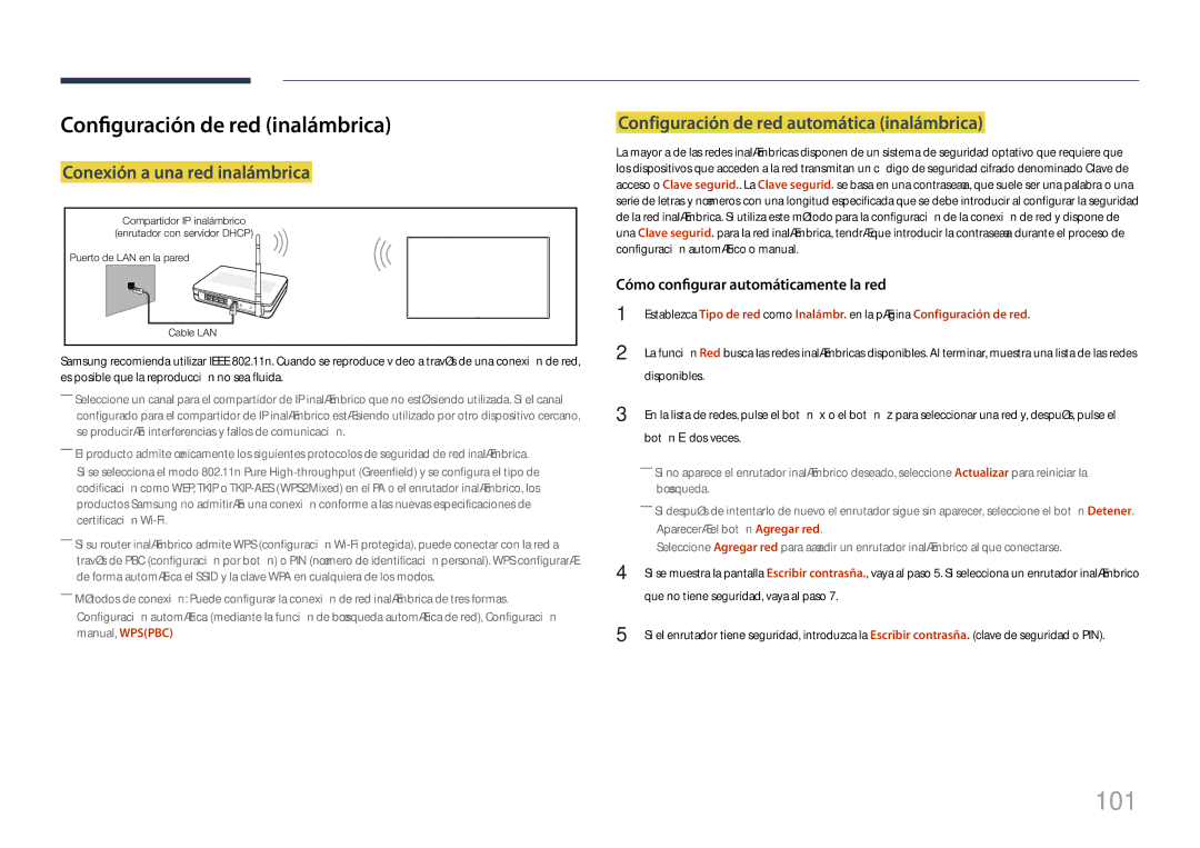 Samsung LH10DBDPLBC/EN manual 101, Configuración de red inalámbrica, Configuración de red automática inalámbrica 