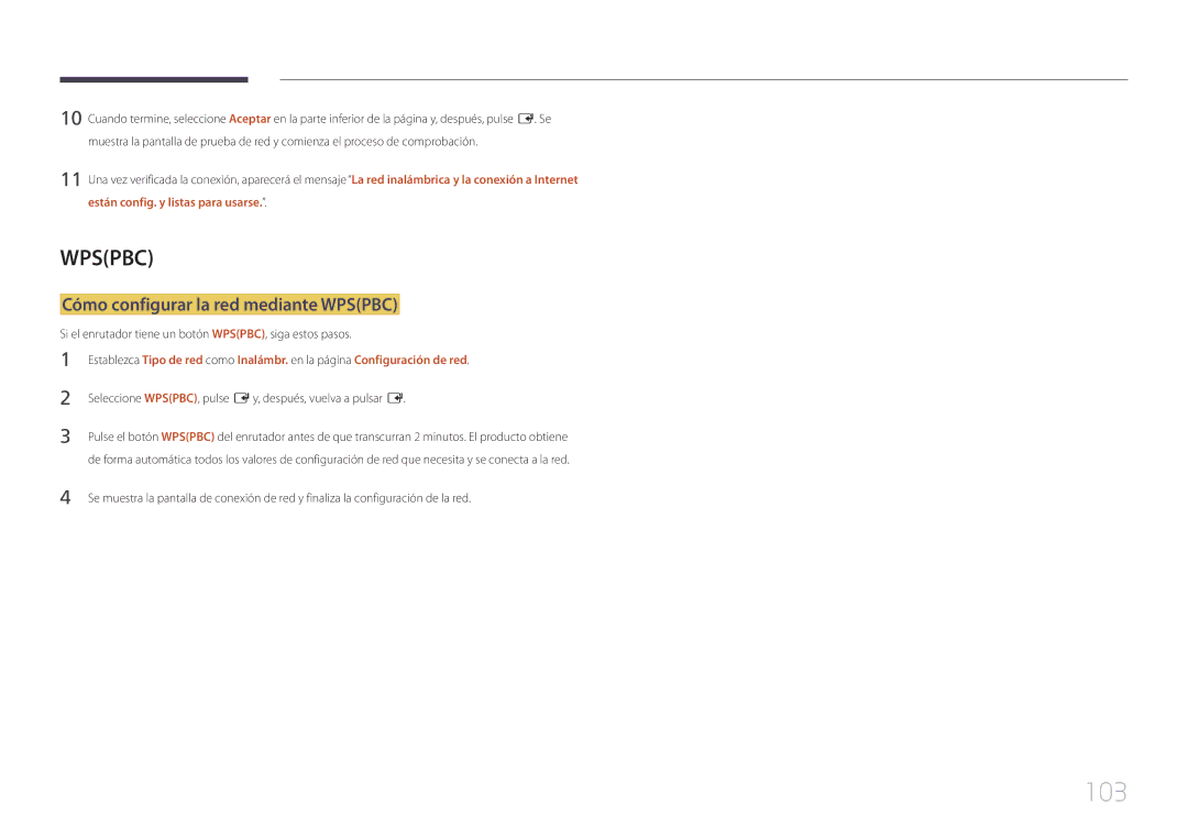 Samsung LH10DBDPLBC/EN manual 103, Cómo configurar la red mediante Wpspbc 