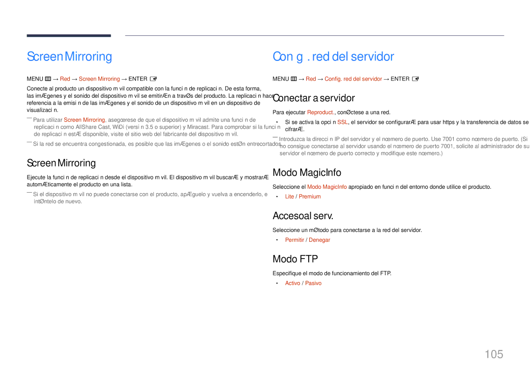 Samsung LH10DBDPLBC/EN manual Screen Mirroring, Config. red del servidor, 105 