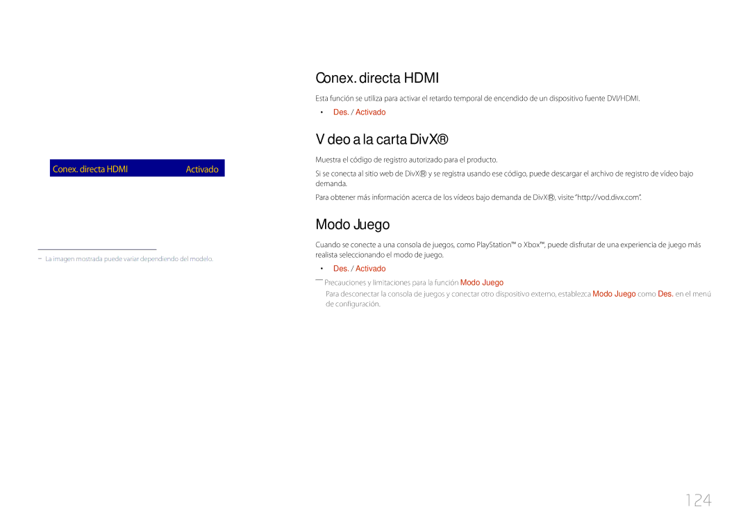 Samsung LH10DBDPLBC/EN manual 124, Conex. directa Hdmi, Vídeo a la carta DivX, Modo Juego 