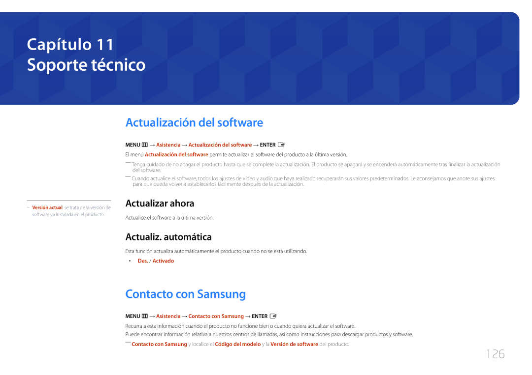 Samsung LH10DBDPLBC/EN manual Soporte técnico, Actualización del software, Contacto con Samsung, 126 