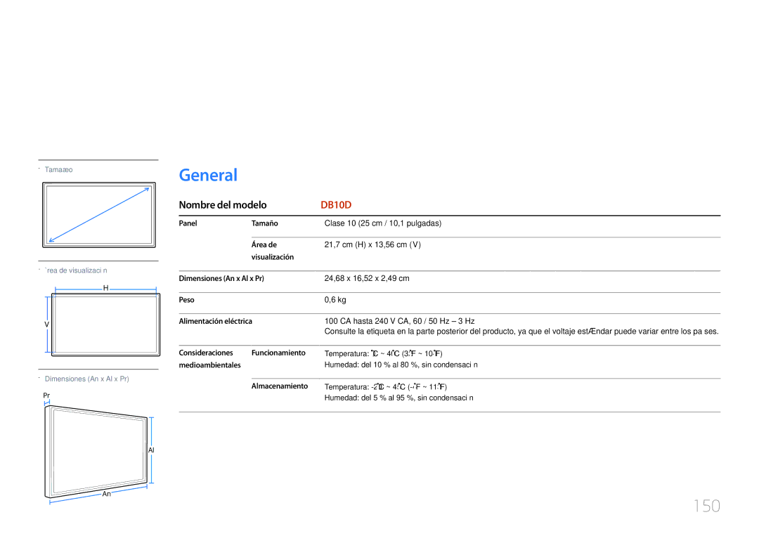 Samsung LH10DBDPLBC/EN manual Especificaciones, 150, Nombre del modelo 