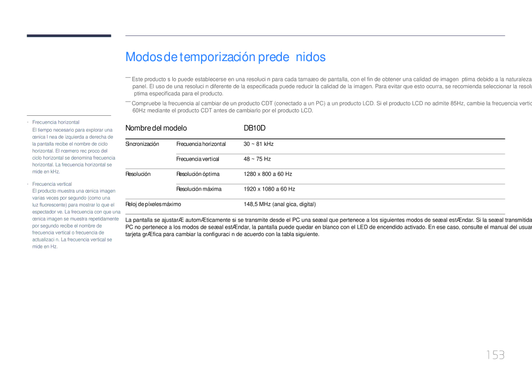 Samsung LH10DBDPLBC/EN manual Modos de temporización predefinidos, 153 