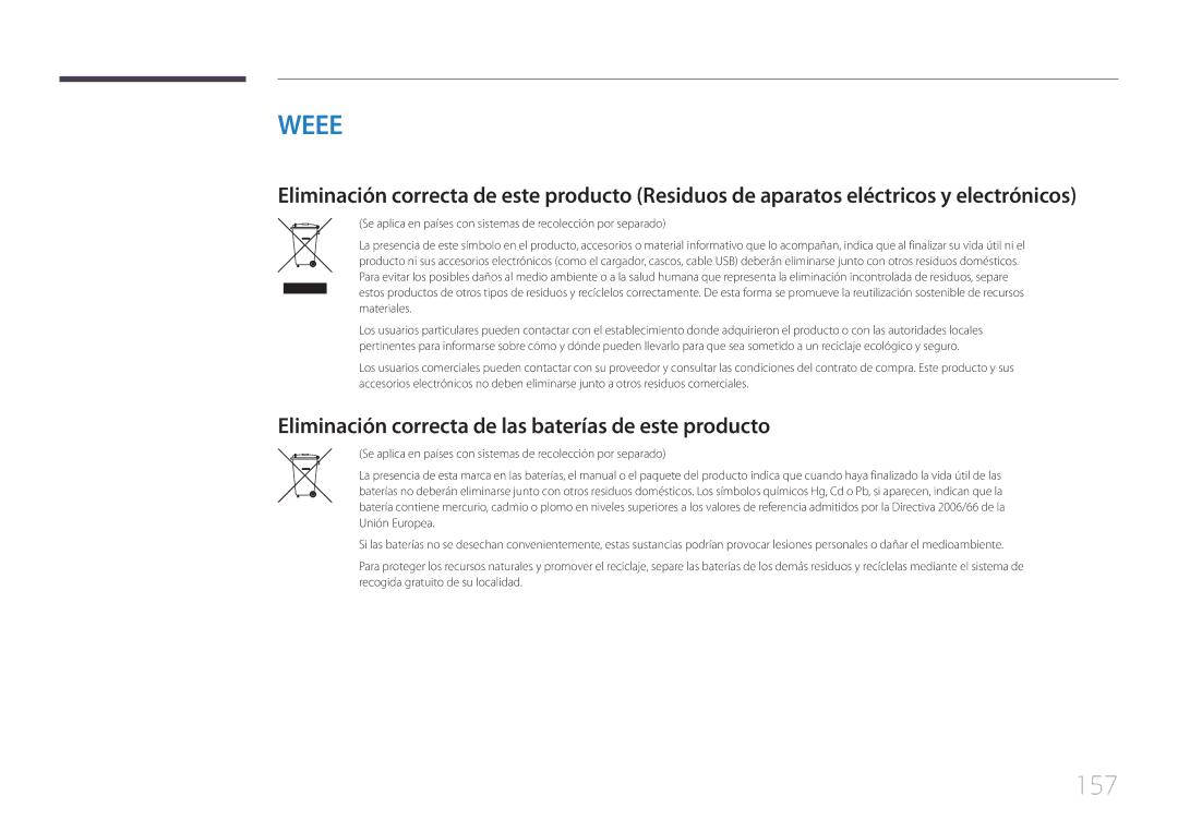 Samsung LH10DBDPLBC/EN manual 157, Eliminación correcta de las baterías de este producto 