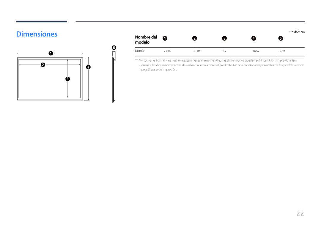 Samsung LH10DBDPLBC/EN manual Dimensiones, Modelo, Unidad cm 