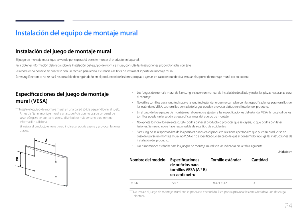 Samsung LH10DBDPLBC/EN Instalación del equipo de montaje mural, Instalación del juego de montaje mural, En centimetro 