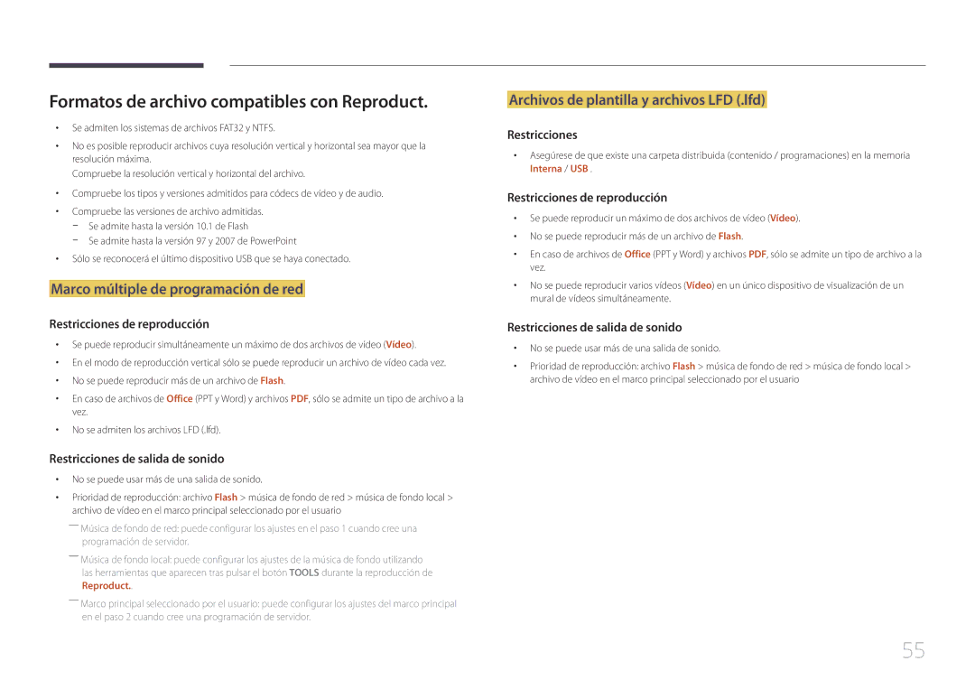 Samsung LH10DBDPLBC/EN manual Formatos de archivo compatibles con Reproduct, Marco múltiple de programación de red 