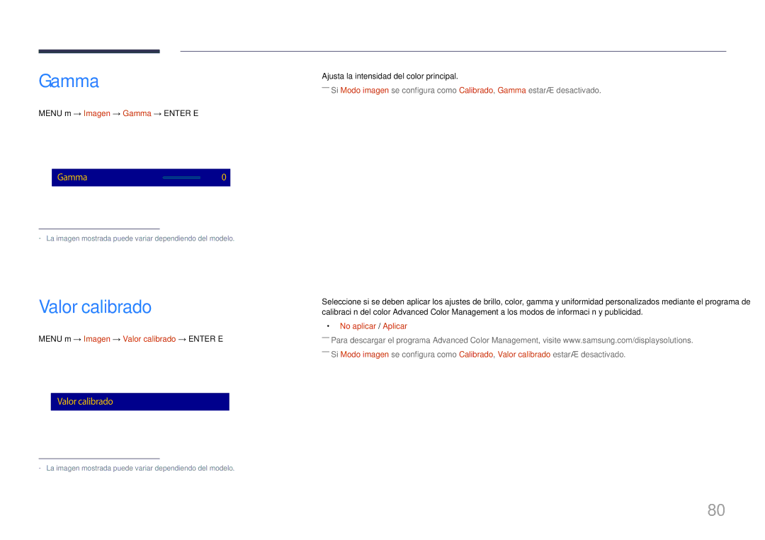 Samsung LH10DBDPLBC/EN manual Menu m → Imagen → Gamma → Enter E, Menu m → Imagen → Valor calibrado → Enter E 