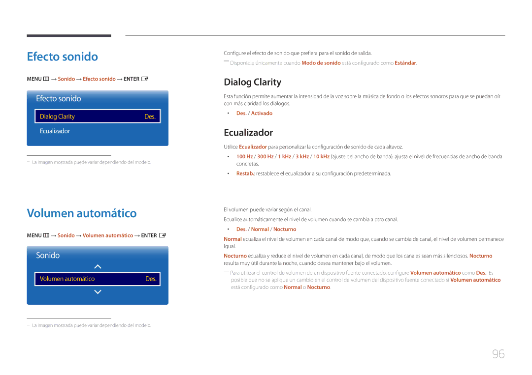 Samsung LH10DBDPLBC/EN manual Efecto sonido, Volumen automático, Dialog Clarity, Ecualizador 