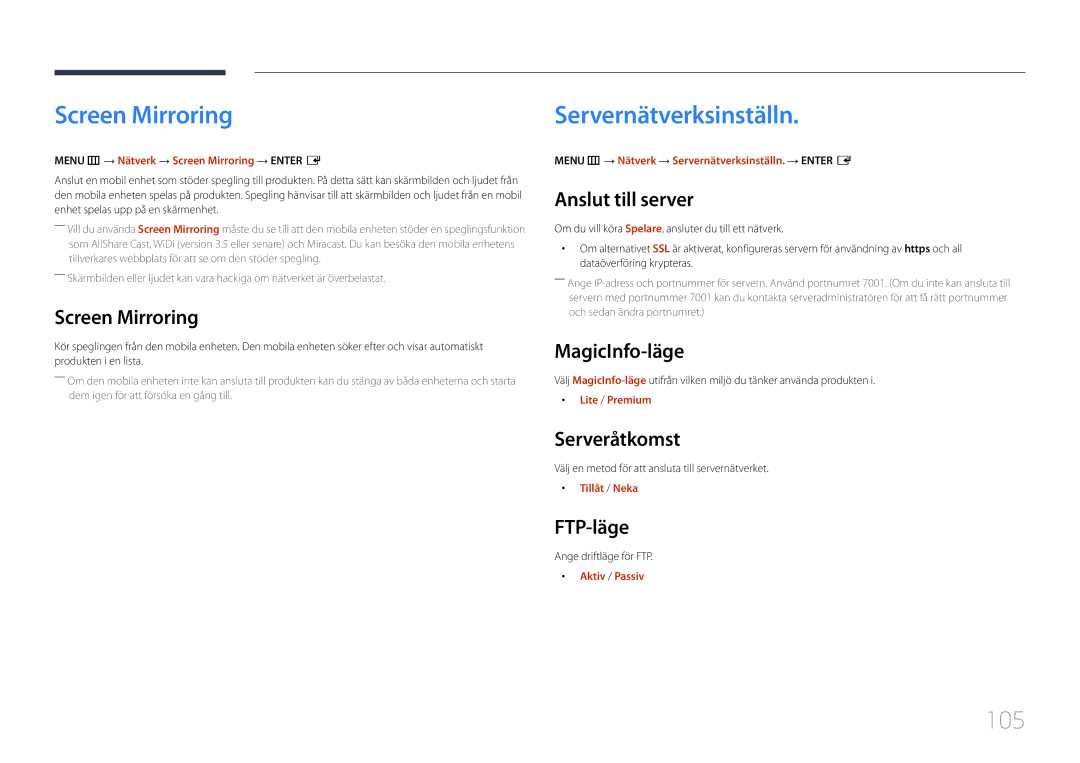 Samsung LH10DBDPLBC/EN manual Screen Mirroring, Servernätverksinställn, 105 