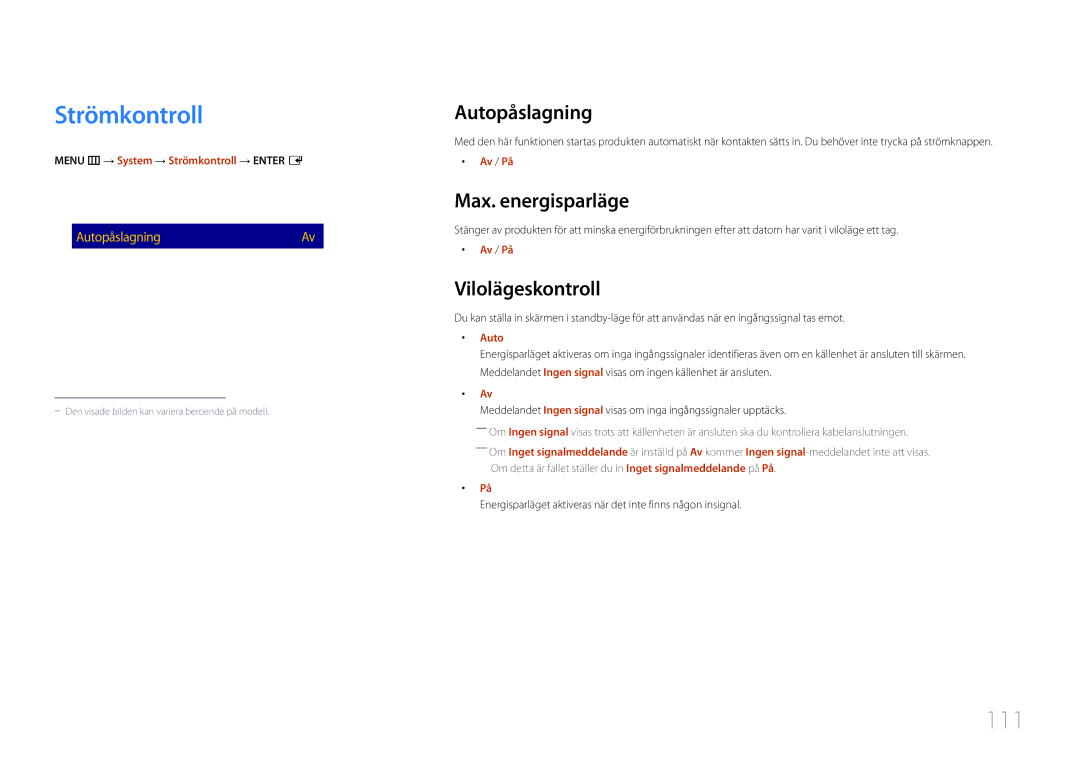 Samsung LH10DBDPLBC/EN manual Strömkontroll, 111, Autopåslagning, Max. energisparläge, Vilolägeskontroll 