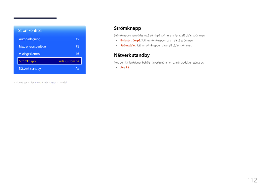 Samsung LH10DBDPLBC/EN manual 112, Strömknapp, Nätverk standby, Autopåslagning Max. energisparläge Vilolägeskontroll 