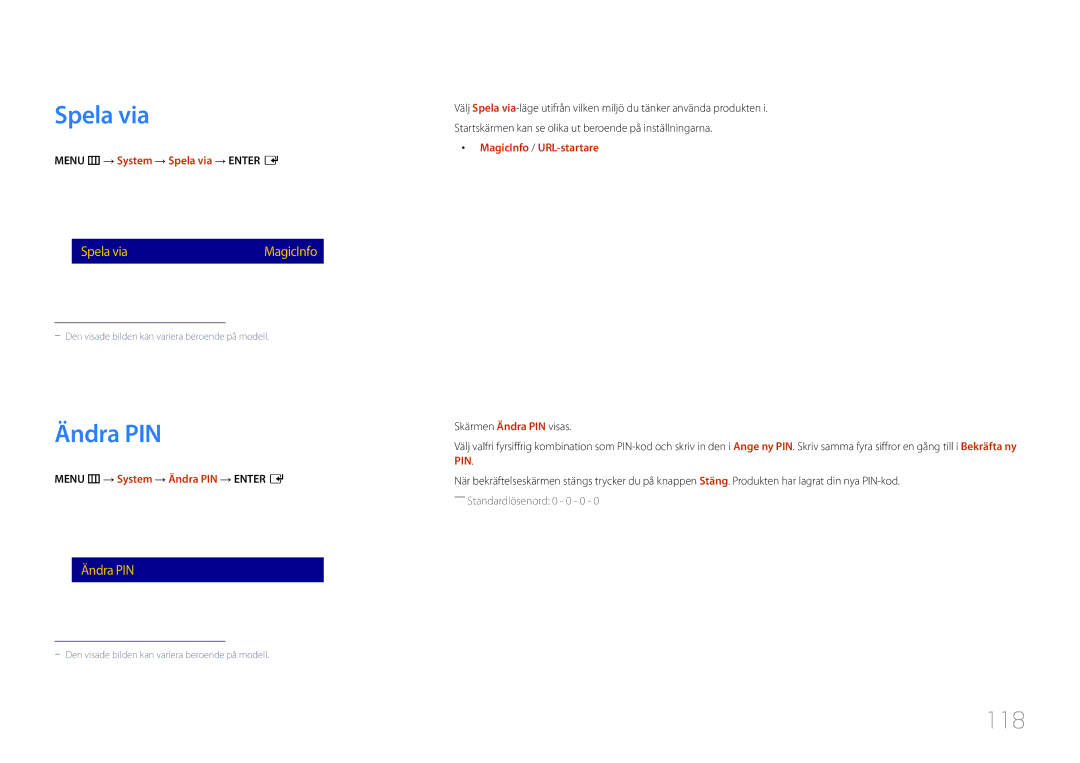 Samsung LH10DBDPLBC/EN manual Spela via, Ändra PIN, 118 