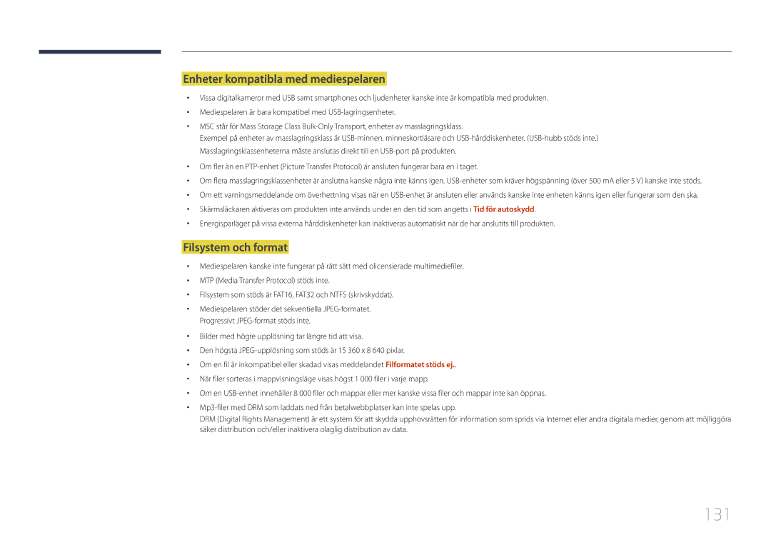 Samsung LH10DBDPLBC/EN manual 131, Enheter kompatibla med mediespelaren, Filsystem och format 