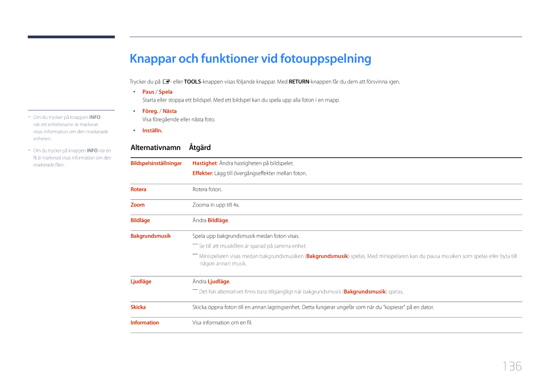 Samsung LH10DBDPLBC/EN manual Knappar och funktioner vid fotouppspelning, 136 