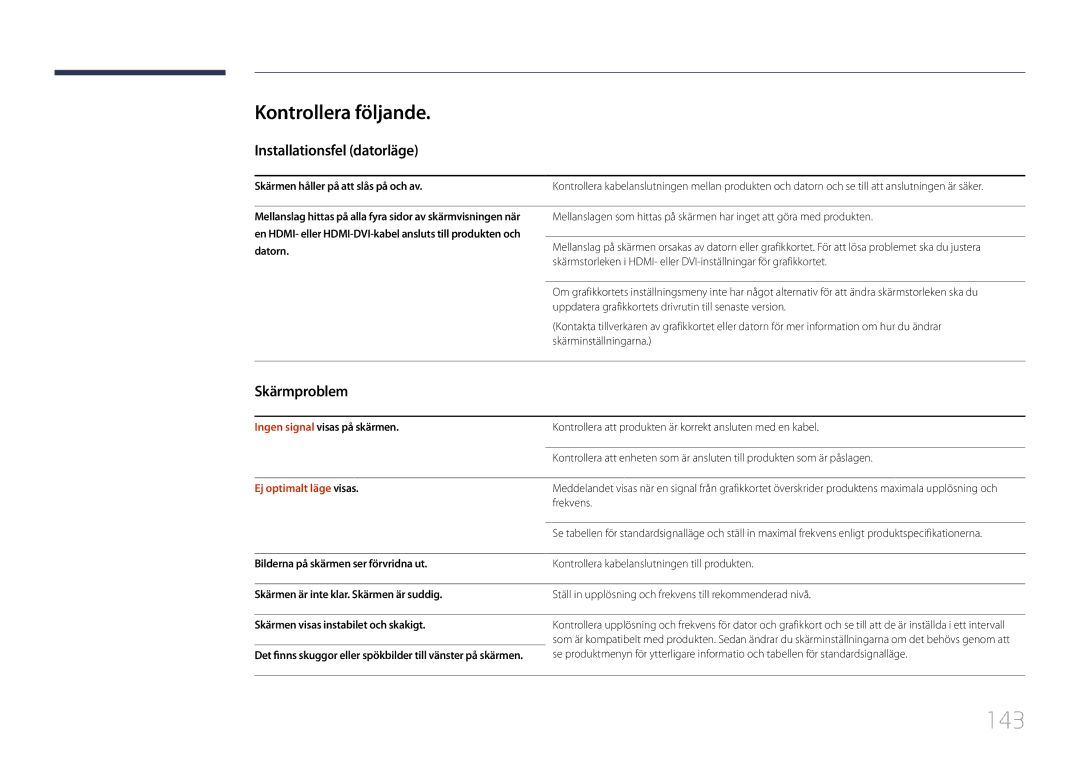 Samsung LH10DBDPLBC/EN manual 143, Kontrollera följande, Installationsfel datorläge, Skärmproblem, Ej optimalt läge visas 