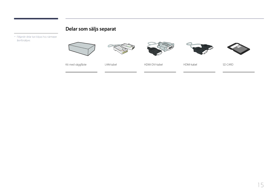 Samsung LH10DBDPLBC/EN manual Delar som säljs separat, Kit med väggfäste LAN-kabel HDMI-DVI-kabel HDMI-kabel 