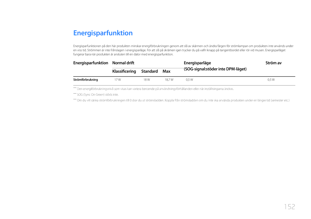 Samsung LH10DBDPLBC/EN manual Energisparfunktion, 152, Strömförbrukning 17 W 18 W 18,7 W 