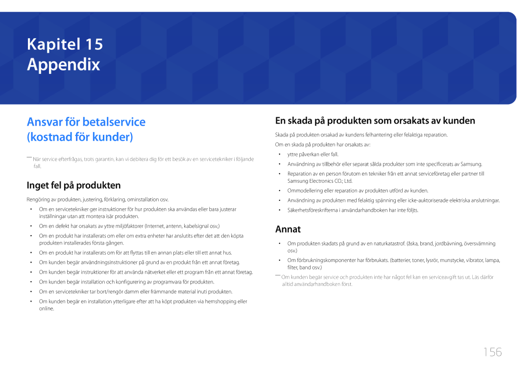 Samsung LH10DBDPLBC/EN manual Appendix, 156, Inget fel på produkten, En skada på produkten som orsakats av kunden, Annat 