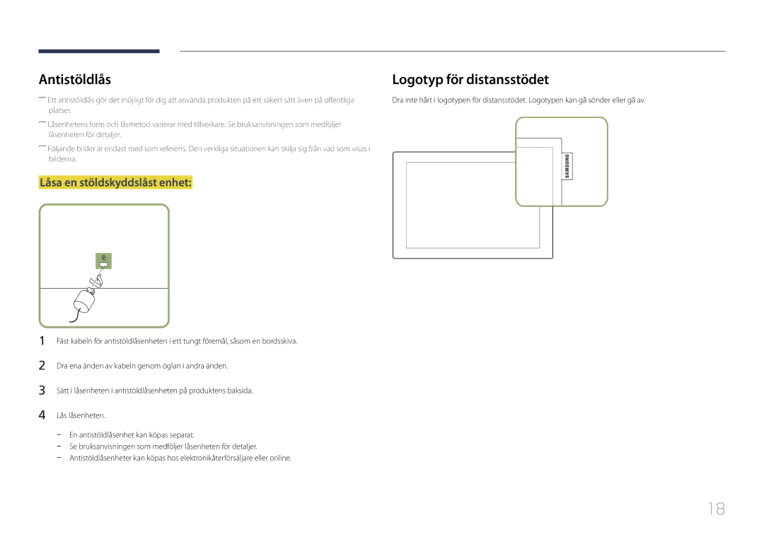 Samsung LH10DBDPLBC/EN manual Antistöldlås, Låsa en stöldskyddslåst enhet 