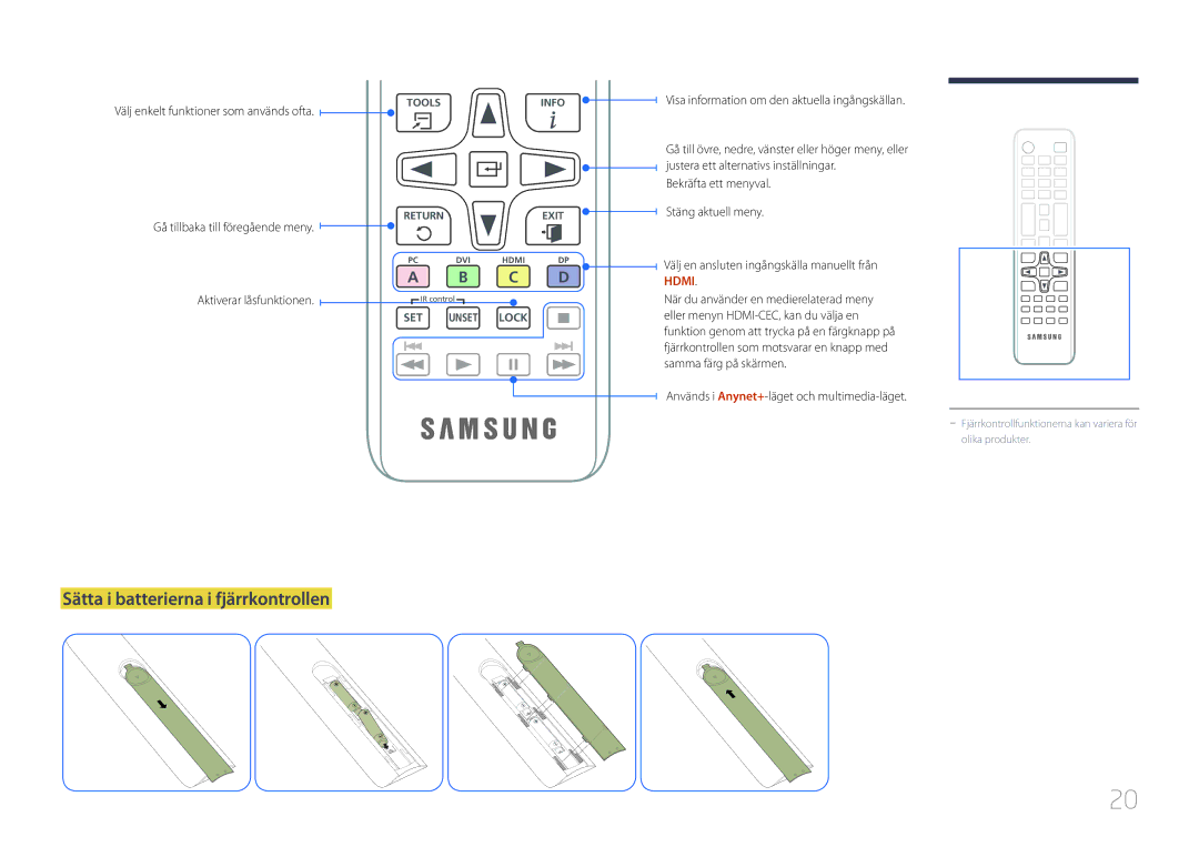 Samsung LH10DBDPLBC/EN manual Sätta i batterierna i fjärrkontrollen, Välj enkelt funktioner som används ofta 