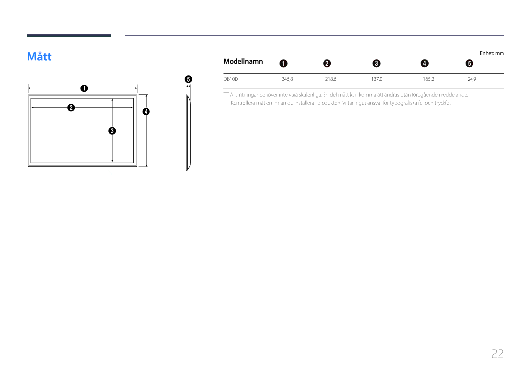 Samsung LH10DBDPLBC/EN manual Mått, Modellnamn, Enhet mm 