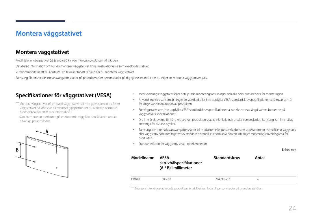 Samsung LH10DBDPLBC/EN manual Montera väggstativet, Specifikationer för väggstativet Vesa, Modellnamn Vesa Standardskruv 