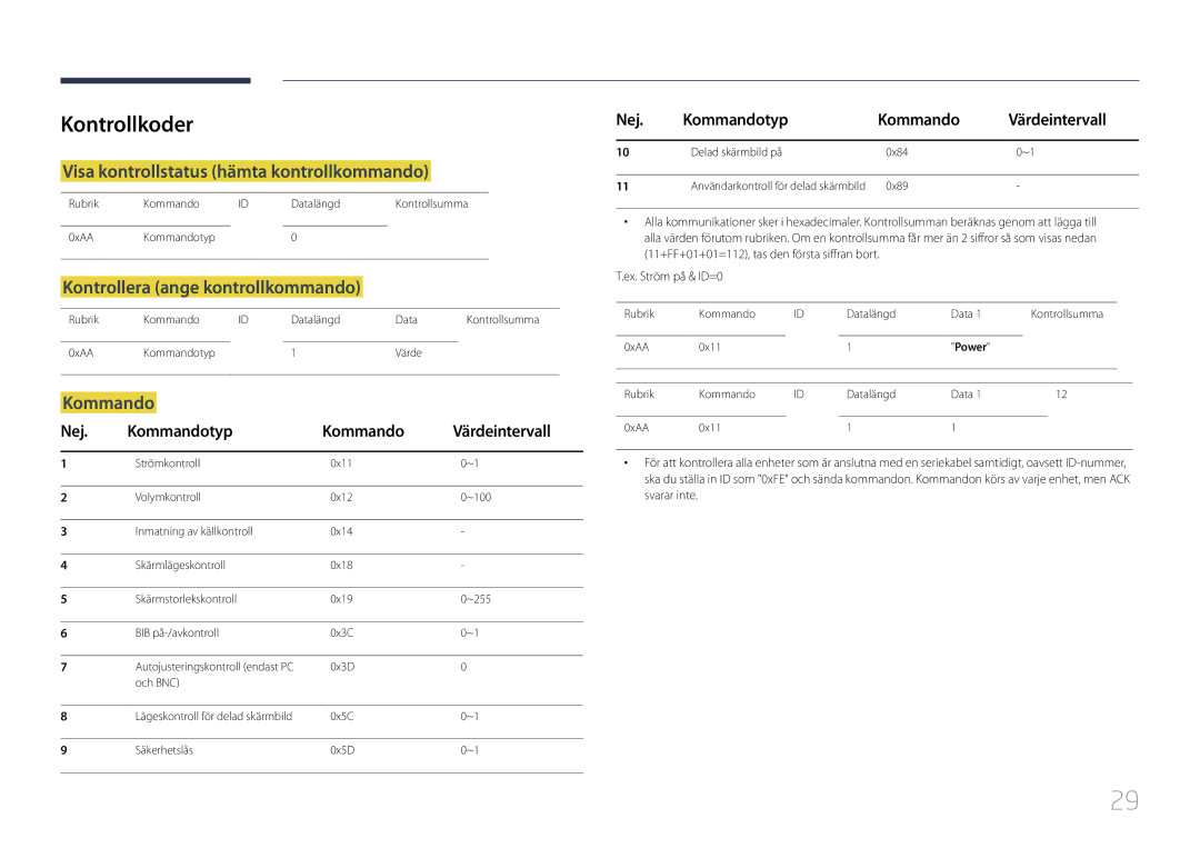 Samsung LH10DBDPLBC/EN manual Kontrollkoder, Visa kontrollstatus hämta kontrollkommando, Kontrollera ange kontrollkommando 