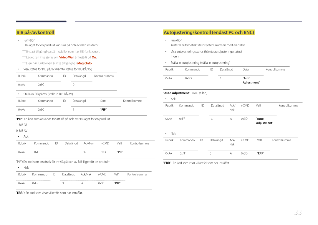 Samsung LH10DBDPLBC/EN manual BIB på-/avkontroll, Autojusteringskontroll endast PC och BNC, Auto Adjustment 0x00 alltid Ack 