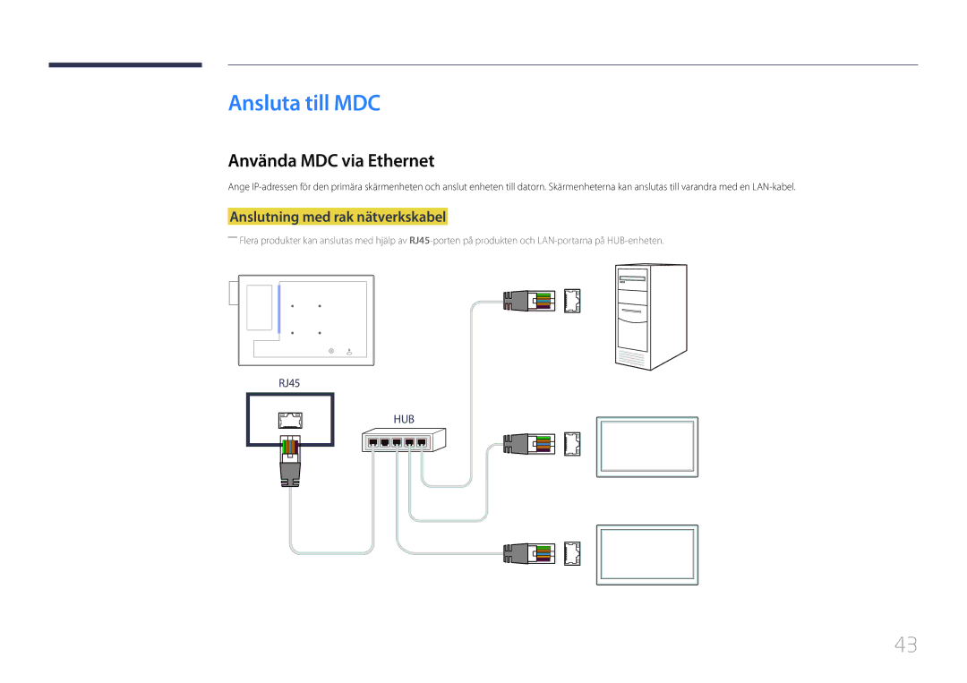 Samsung LH10DBDPLBC/EN manual Ansluta till MDC, Använda MDC via Ethernet, Anslutning med rak nätverkskabel 