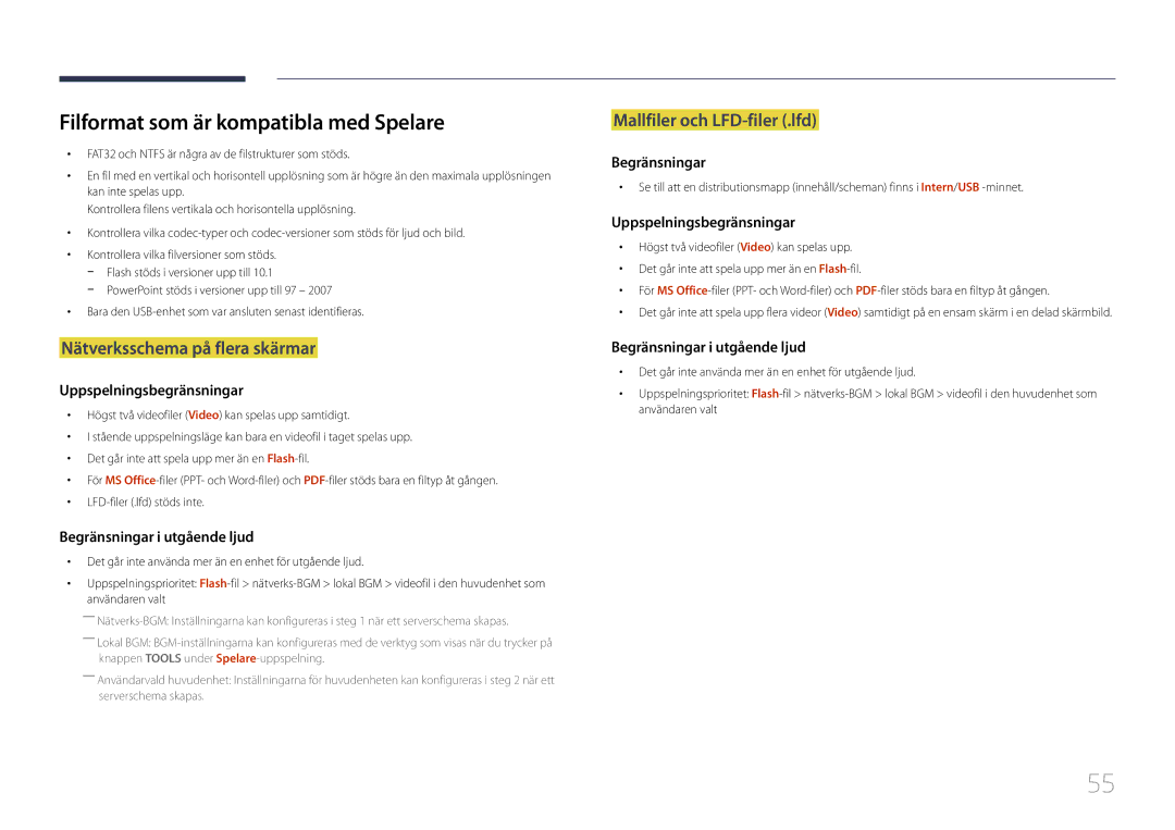 Samsung LH10DBDPLBC/EN manual Filformat som är kompatibla med Spelare, Nätverksschema på flera skärmar 