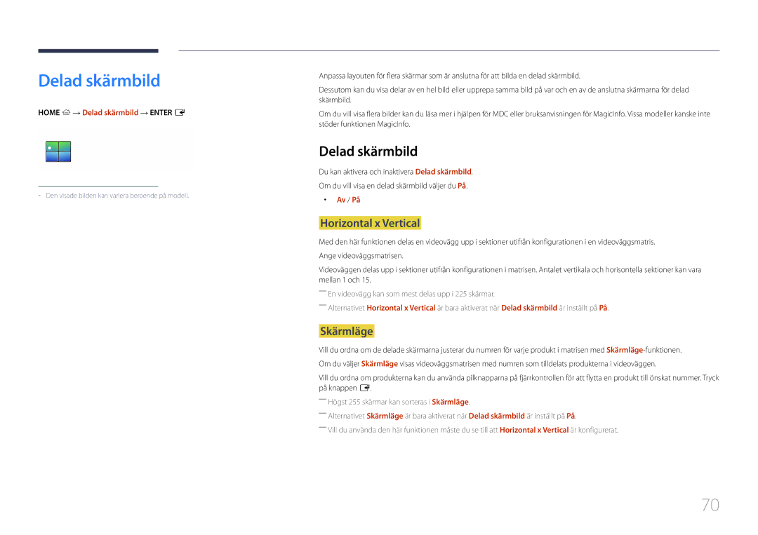 Samsung LH10DBDPLBC/EN manual Delad skärmbild, Horizontal x Vertical, Skärmläge 