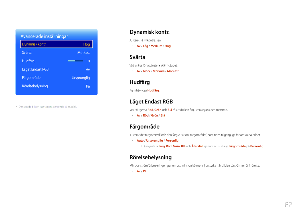 Samsung LH10DBDPLBC/EN manual Dynamisk kontr, Svärta, Hudfärg, Läget Endast RGB, Färgområde, Rörelsebelysning 