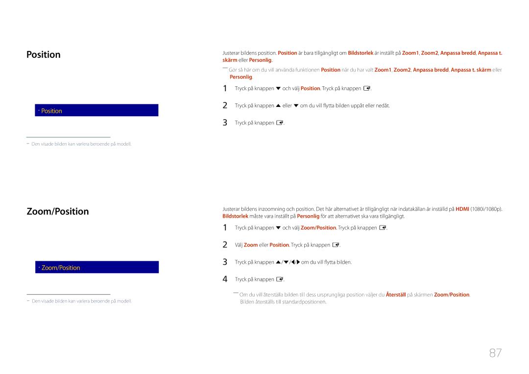 Samsung LH10DBDPLBC/EN manual Zoom/Position, BildstorlekPersonlig 