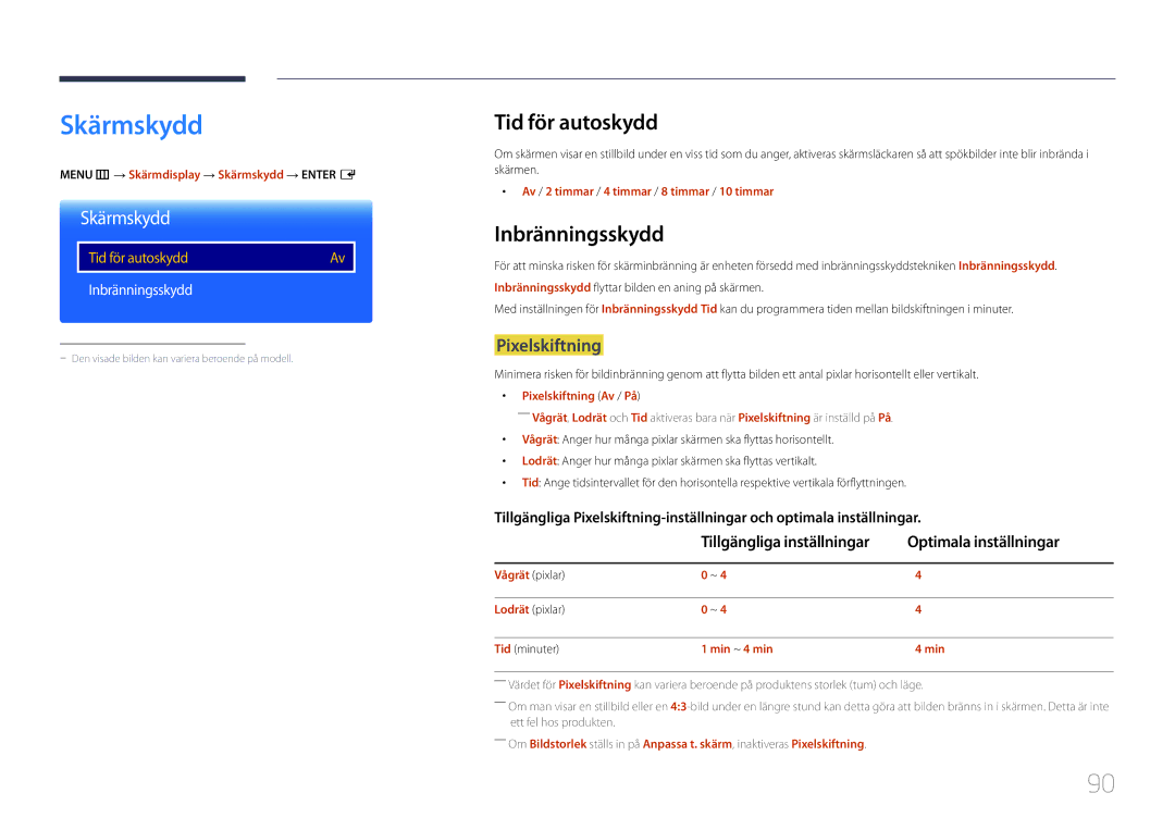 Samsung LH10DBDPLBC/EN manual Skärmskydd, Tid för autoskydd, Inbränningsskydd, Pixelskiftning 