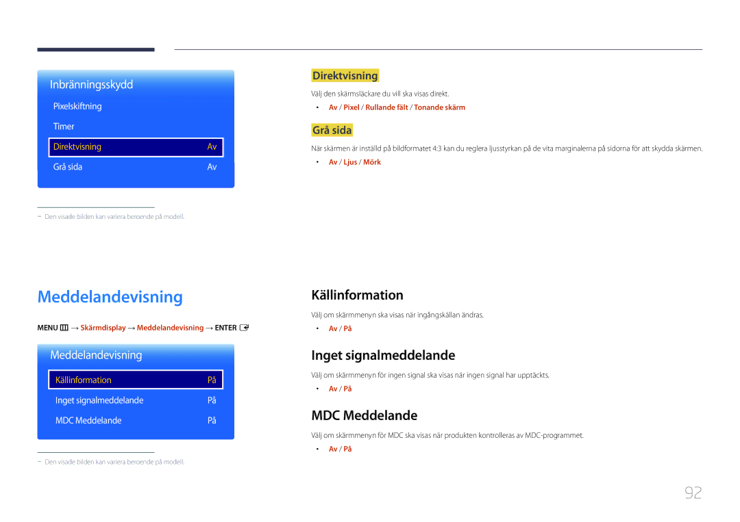 Samsung LH10DBDPLBC/EN manual Meddelandevisning, Källinformation, Inget signalmeddelande, MDC Meddelande 