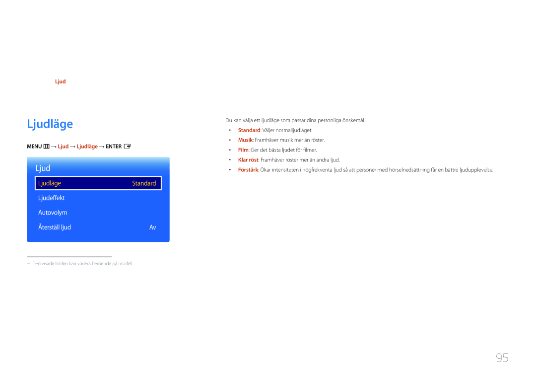 Samsung LH10DBDPLBC/EN manual Ljudinställning, Ljudeffekt Autovolym Återställ ljud, Menu m → Ljud → Ljudläge → Enter E 