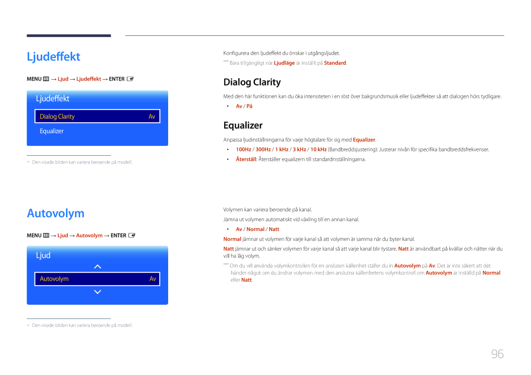 Samsung LH10DBDPLBC/EN manual Ljudeffekt, Autovolym, Dialog Clarity, Equalizer 