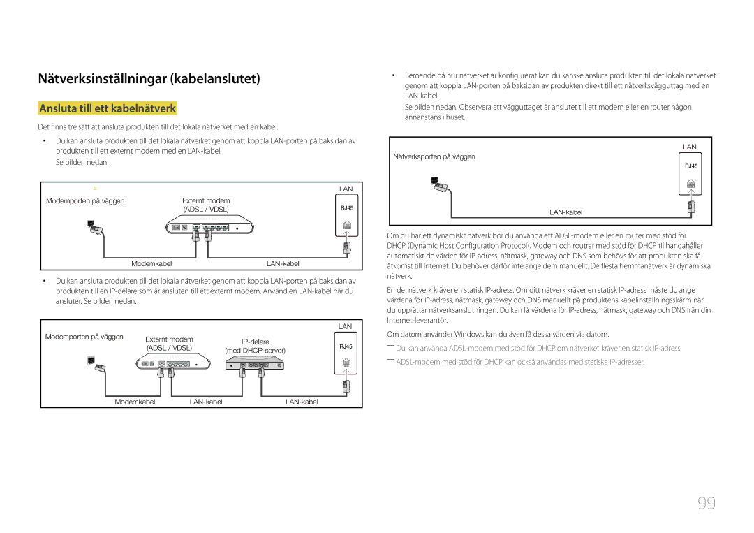 Samsung LH10DBDPLBC/EN manual Nätverksinställningar kabelanslutet, Ansluta till ett kabelnätverk 