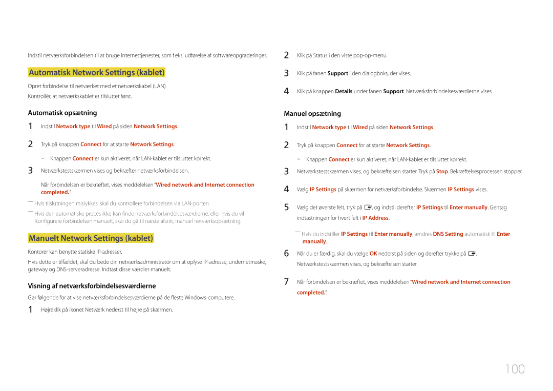 Samsung LH10DBDPLBC/EN manual 100, Automatisk Network Settings kablet, Manuelt Network Settings kablet 