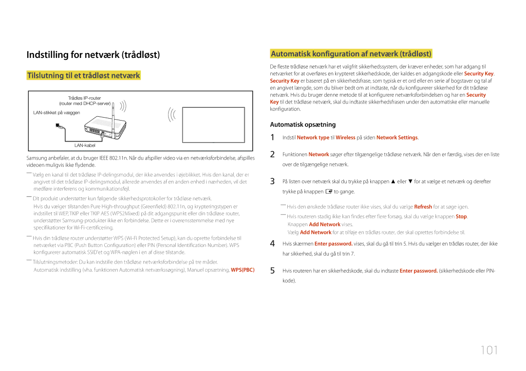 Samsung LH10DBDPLBC/EN manual 101, Indstilling for netværk trådløst, Tilslutning til et trådløst netværk 